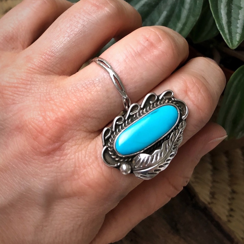 🔵 Vintage Turquoise Navajo Ring 70s 8 Silver 🔵